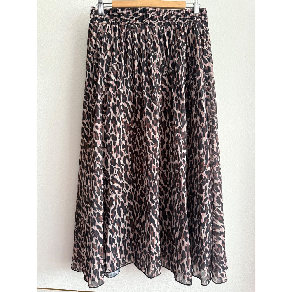 Metrowear Leopard Print Pleated Midi Skirt Brown Pink Black Elastic Waist Large